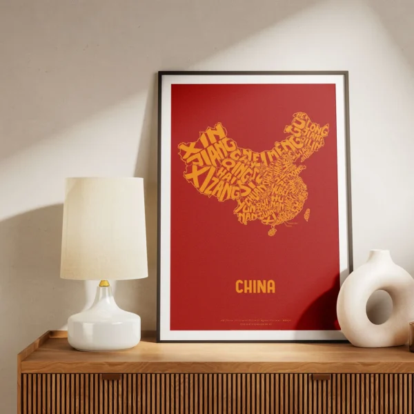 Typographic Illustration of China (yellow on red). Hand-drawn and printed on high-quality paper