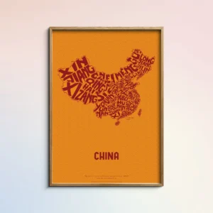 Typographic Illustration of China (red on yellow). Hand-drawn and printed on high-quality paper