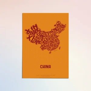 Typographic Illustration of China (red on yellow). Hand-drawn and printed on high-quality paper