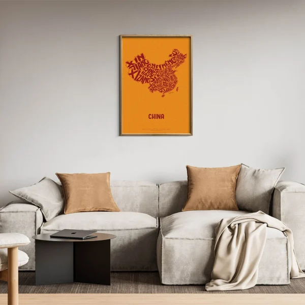 Typographic Illustration of China (red on yellow). Hand-drawn and printed on high-quality paper