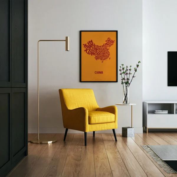 Typographic Illustration of China (red on yellow). Hand-drawn and printed on high-quality paper