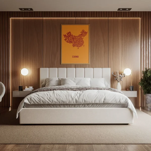 Typographic Illustration of China (red on yellow). Hand-drawn and printed on high-quality paper