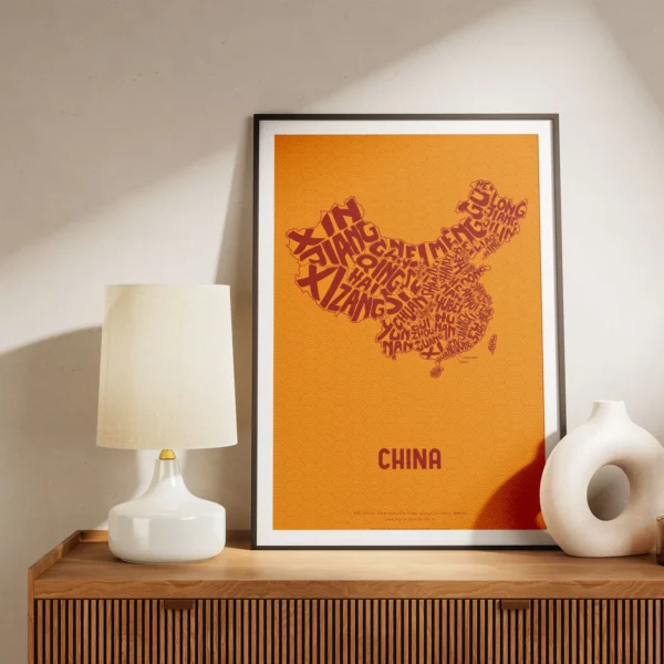 Typographic Illustration of China (red on yellow). Hand-drawn and printed on high-quality paper