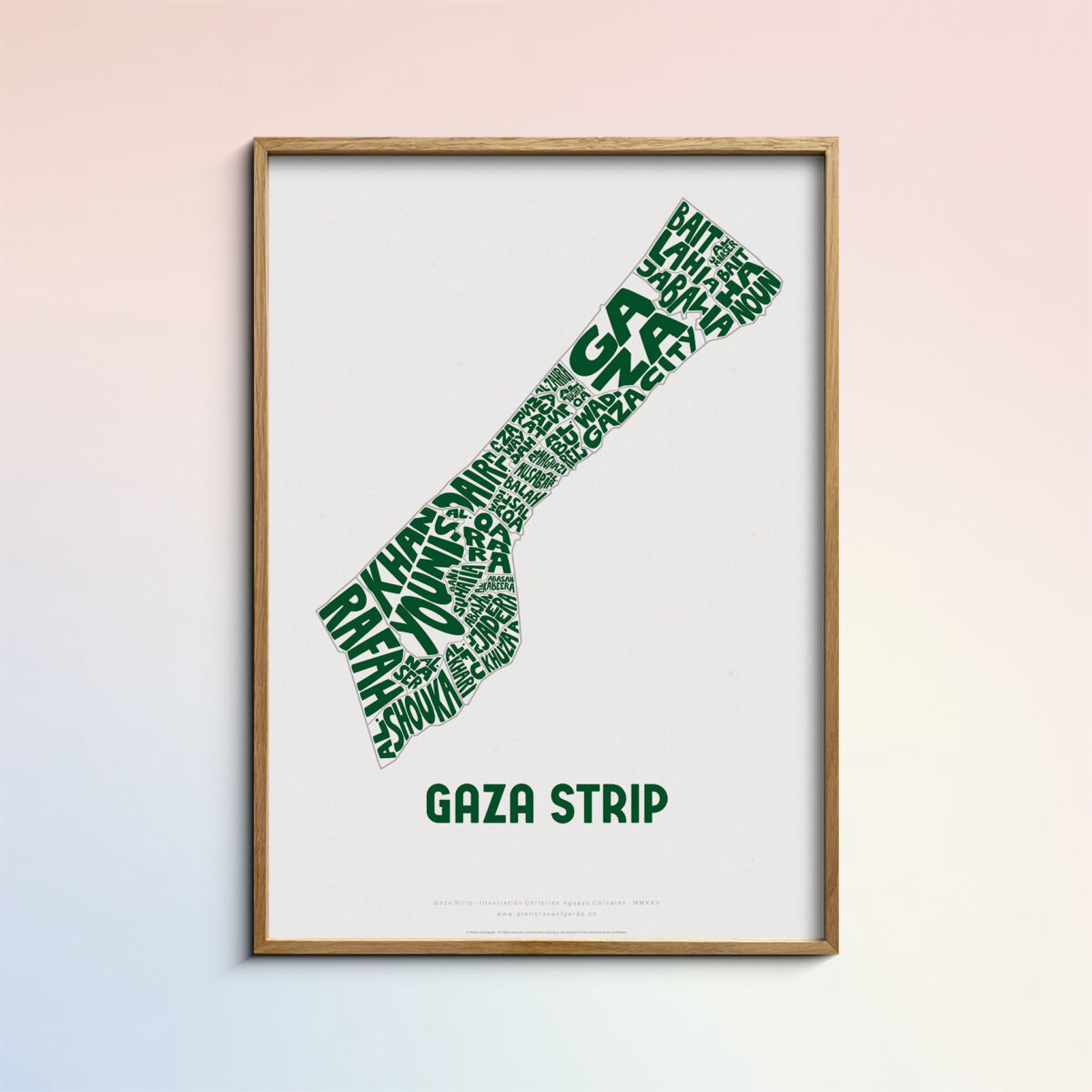 Typographic Illustration of the Gaza Strip (green on white). Hand-drawn and printed on high-quality paper