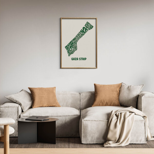 Typographic Illustration of the Gaza Strip (green on white). Hand-drawn and printed on high-quality paper