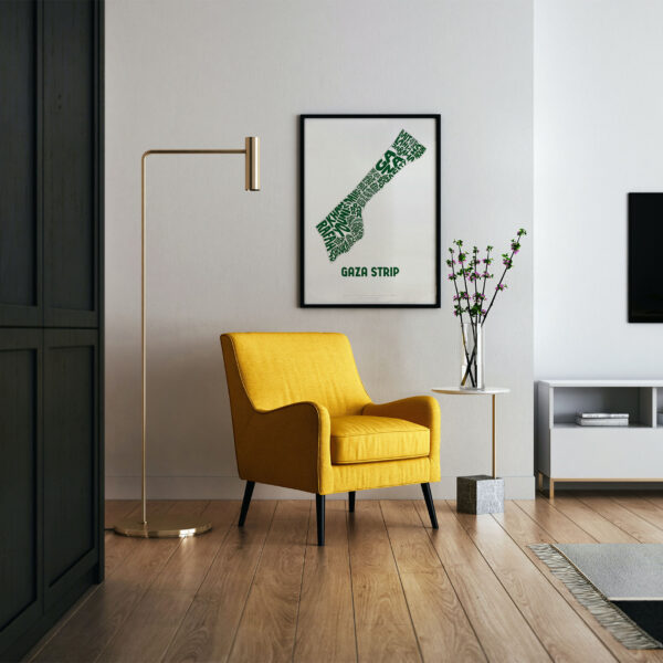 Typographic Illustration of the Gaza Strip (green on white). Hand-drawn and printed on high-quality paper