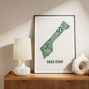 Typographic Illustration of the Gaza Strip (green on white). Hand-drawn and printed on high-quality paper