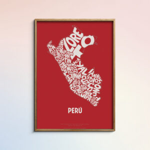 Typographic Illustration of Peru (White on Red). Hand-drawn and printed on high-quality paper