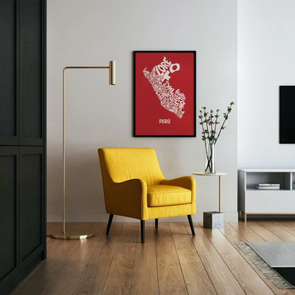 Typographic Illustration of Peru (White on Red). Hand-drawn and printed on high-quality paper