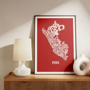 Typographic Illustration of Peru (White on Red). Hand-drawn and printed on high-quality paper