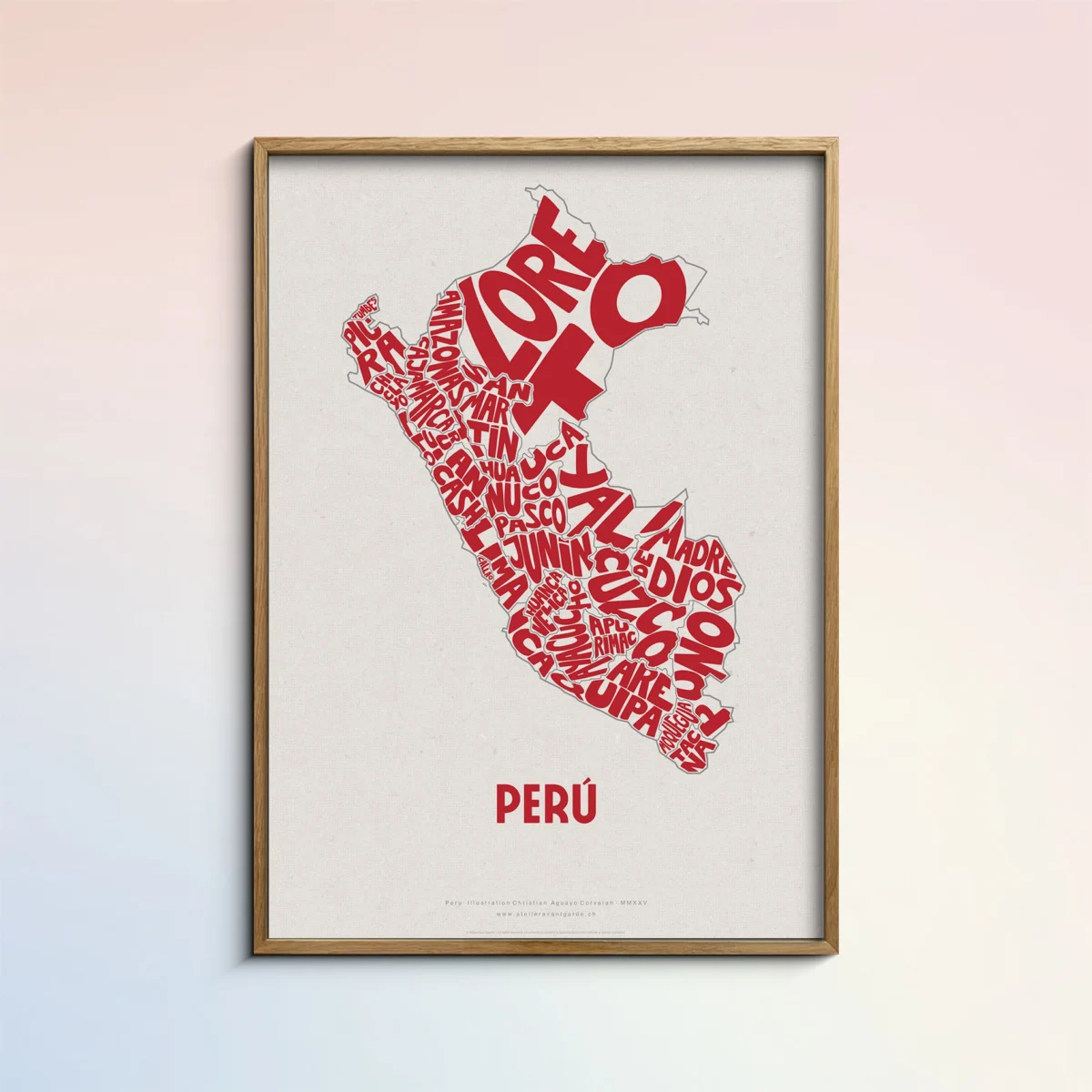 Typographic Illustration of Peru (Red on White). Hand-drawn and printed on high-quality paper