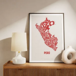 Typographic Illustration of Peru (Red on White). Hand-drawn and printed on high-quality paper