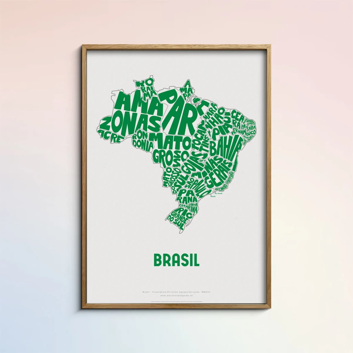 Typographic Illustration of Brazil (Green on White). Hand-drawn and printed on high-quality paper