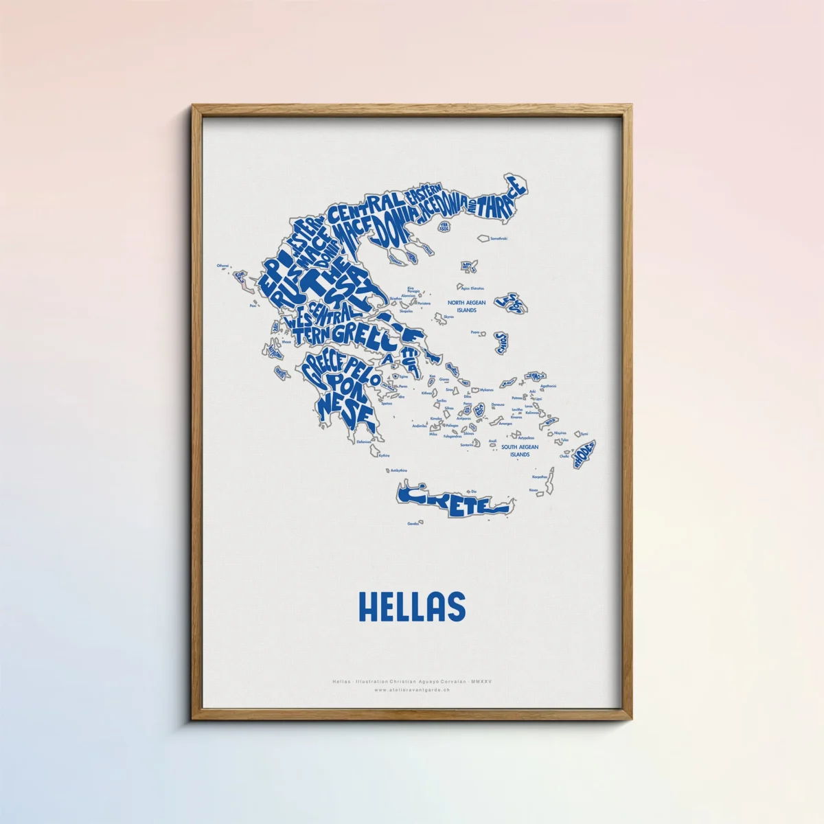 Typographic Illustration of Greece (Blue on White). Hand-drawn and printed on high-quality paper