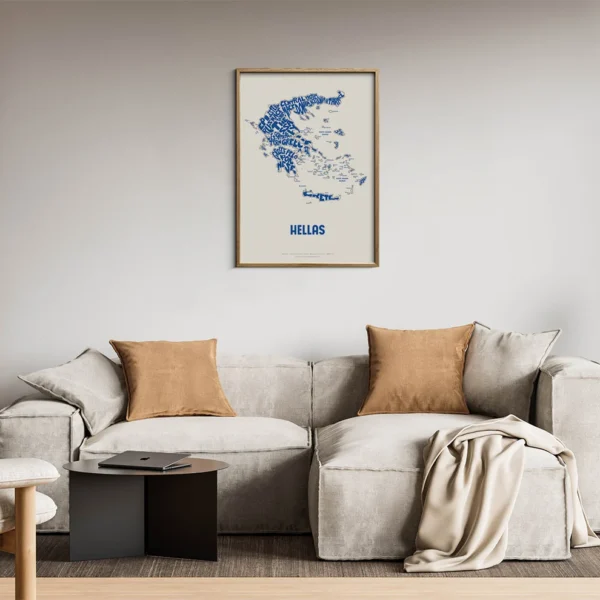 Typographic Illustration of Greece (Blue on White). Hand-drawn and printed on high-quality paper