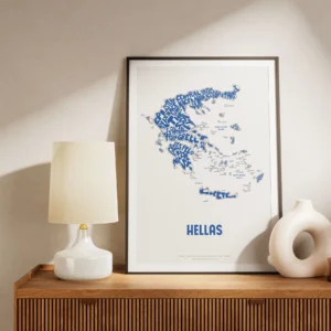 Typographic Illustration of Greece (Blue on White). Hand-drawn and printed on high-quality paper