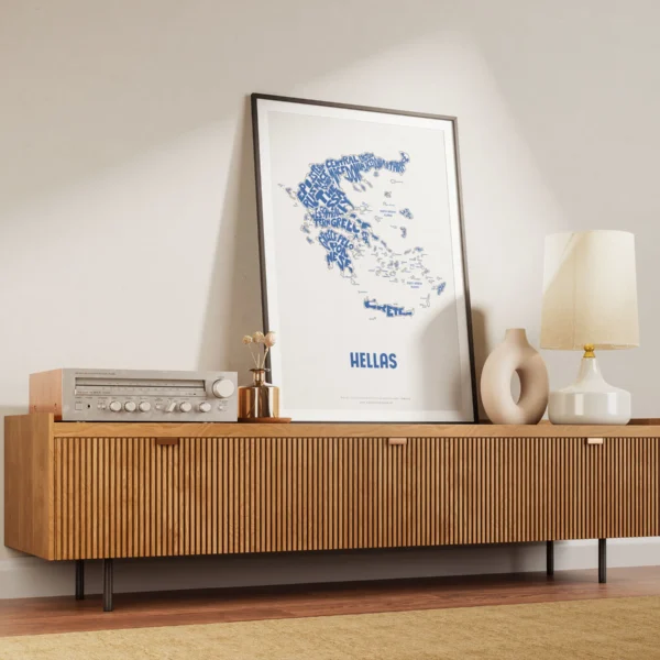Typographic Illustration of Greece (Blue on White). Hand-drawn and printed on high-quality paper