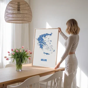 Typographic Illustration of Greece (Blue on White). Hand-drawn and printed on high-quality paper