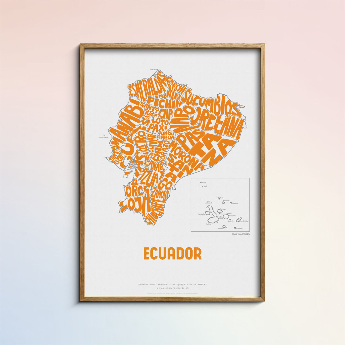 Typographic Illustration of Ecuador (Green on White). Hand-drawn and printed on high-quality paper