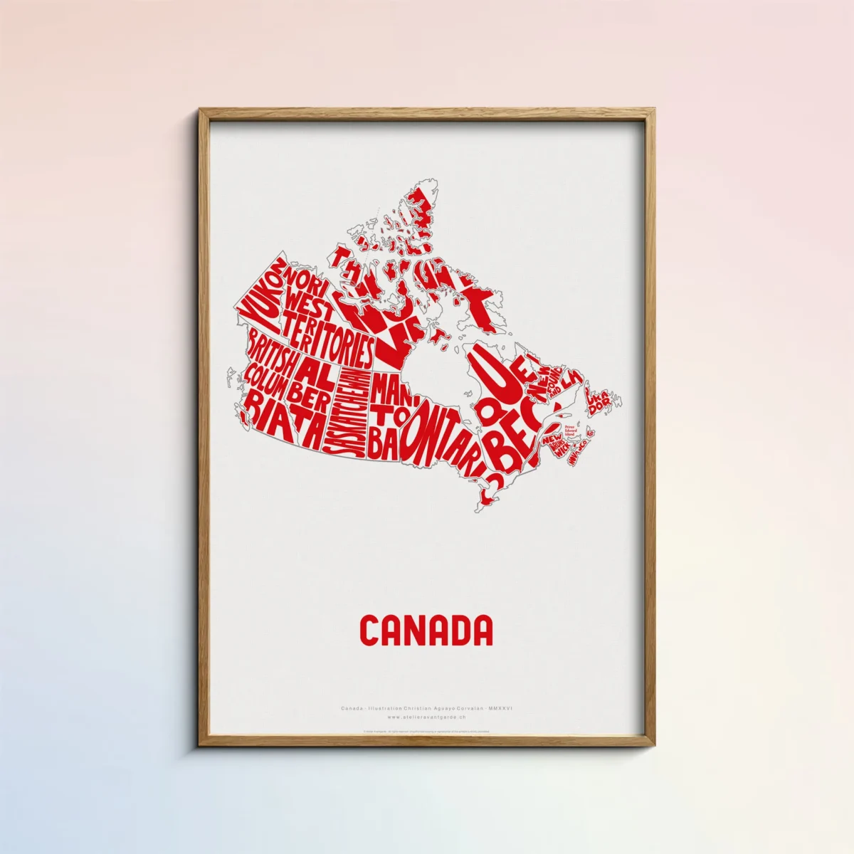 Typographic Illustration of Canada (Red on White). Hand-drawn and printed on high-quality paper