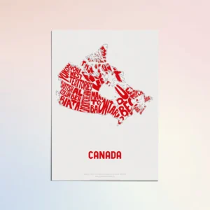 Typographic Illustration of Canada (Red on White). Hand-drawn and printed on high-quality paper