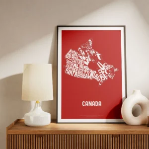 Typographic Illustration of Canada (White on Red). Hand-drawn and printed on high-quality paper
