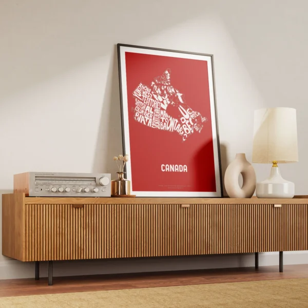 Typographic Illustration of Canada (White on Red). Hand-drawn and printed on high-quality paper