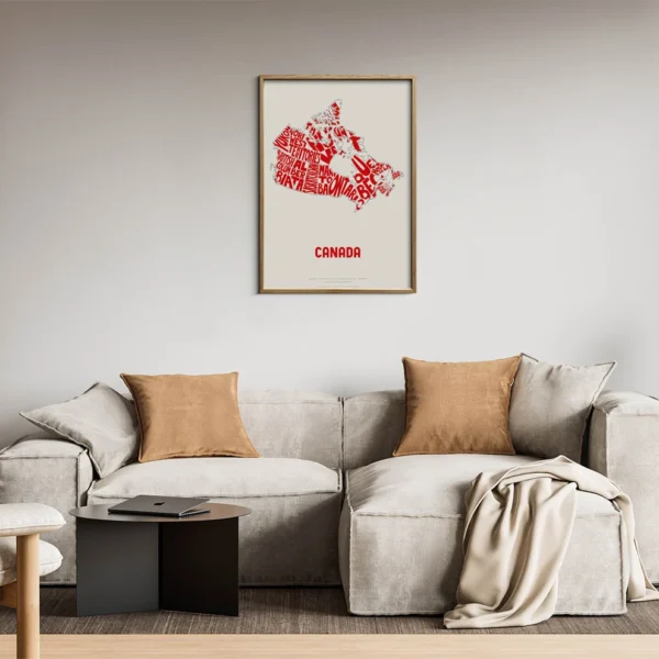 Typographic Illustration of Canada (Red on White). Hand-drawn and printed on high-quality paper