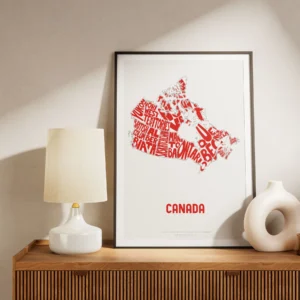 Typographic Illustration of Canada (Red on White). Hand-drawn and printed on high-quality paper