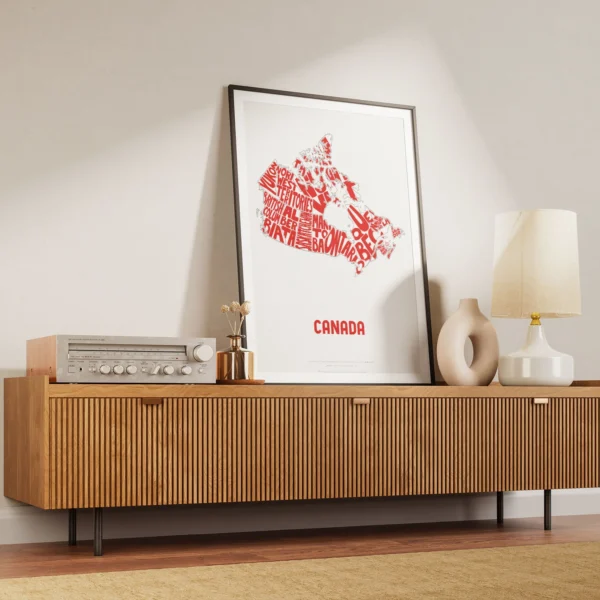 Typographic Illustration of Canada (Red on White). Hand-drawn and printed on high-quality paper