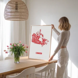 Typographic Illustration of Canada (Red on White). Hand-drawn and printed on high-quality paper