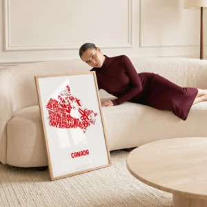 Typographic Illustration of Canada (Red on White). Hand-drawn and printed on high-quality paper
