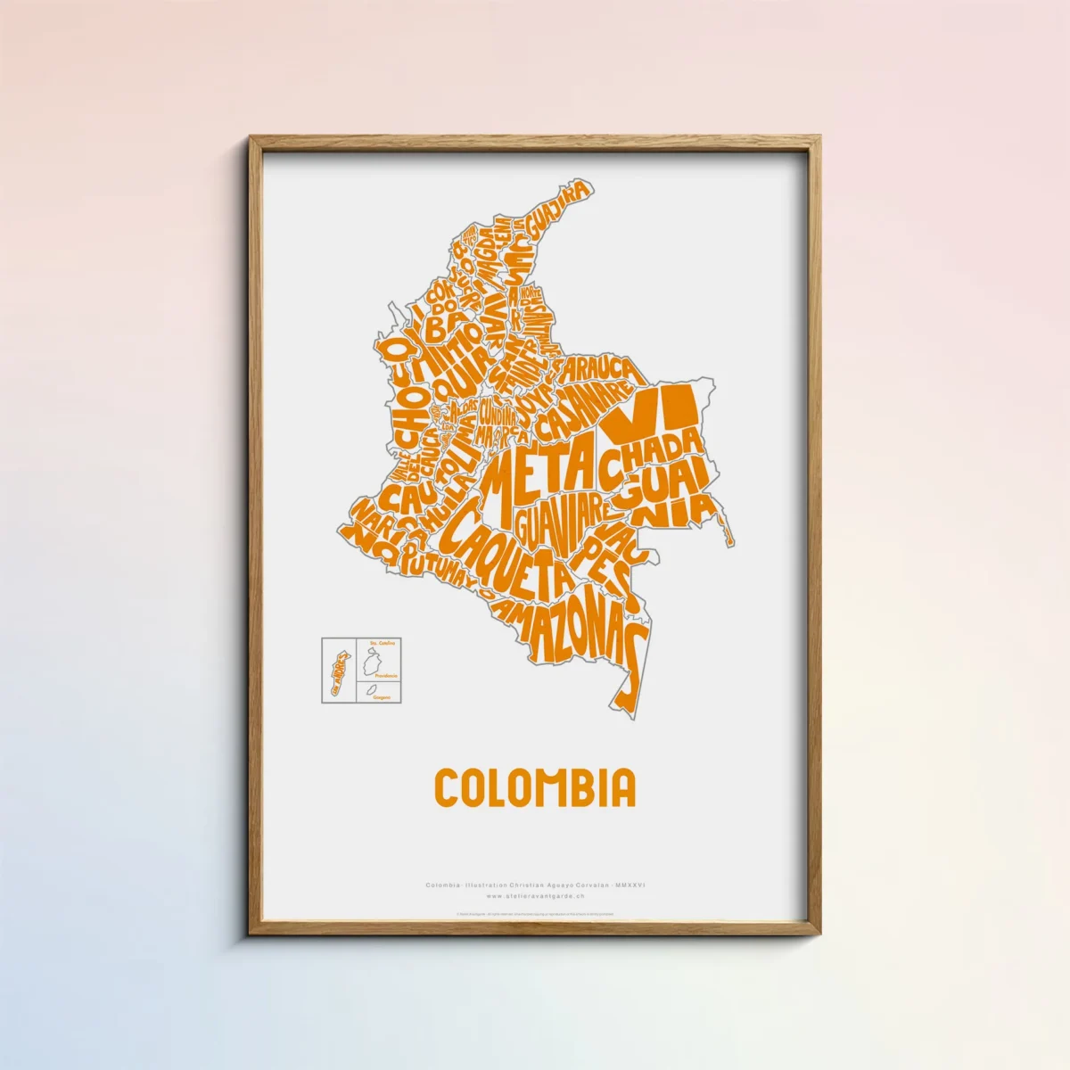 Typographic Illustration of Colombia (Yellow on White). Hand-drawn and printed on high-quality paper