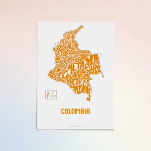 Typographic Illustration of Colombia (Yellow on White). Hand-drawn and printed on high-quality paper