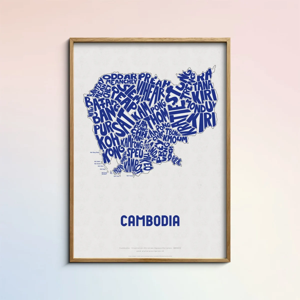 Typographic Illustration of Cambodia (Blue on White). Hand-drawn and printed on high-quality paper