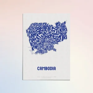 Typographic Illustration of Cambodia (Blue on White). Hand-drawn and printed on high-quality paper