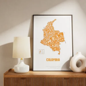 Typographic Illustration of Colombia (Yellow on White). Hand-drawn and printed on high-quality paper