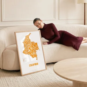 Typographic Illustration of Colombia (Yellow on White). Hand-drawn and printed on high-quality paper