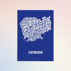 Typographic Illustration of Cambodia (White on Blue). Hand-drawn and printed on high-quality paper