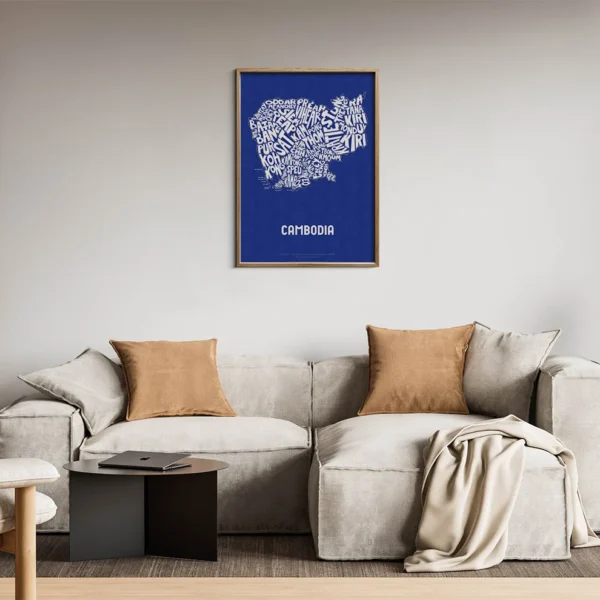 Typographic Illustration of Cambodia (White on Blue). Hand-drawn and printed on high-quality paper