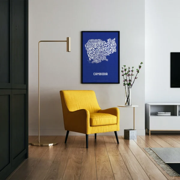 Typographic Illustration of Cambodia (White on Blue). Hand-drawn and printed on high-quality paper