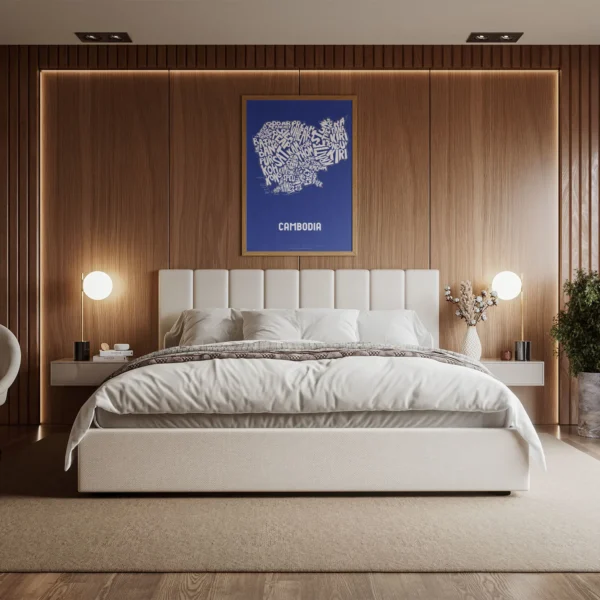 Typographic Illustration of Cambodia (White on Blue). Hand-drawn and printed on high-quality paper