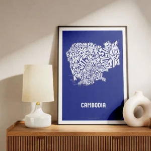 Typographic Illustration of Cambodia (White on Blue). Hand-drawn and printed on high-quality paper