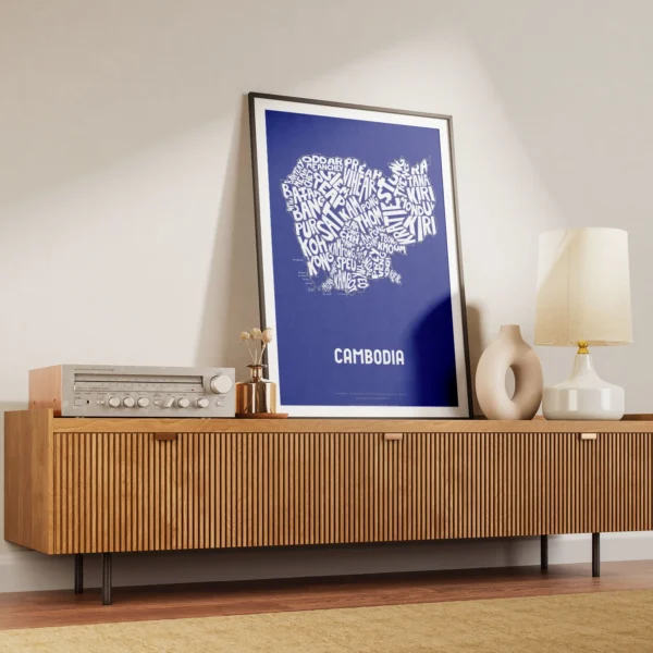 Typographic Illustration of Cambodia (White on Blue). Hand-drawn and printed on high-quality paper