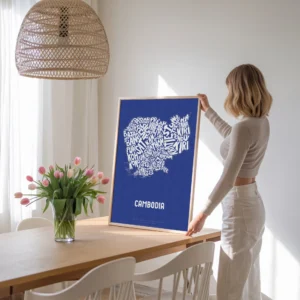 Typographic Illustration of Cambodia (White on Blue). Hand-drawn and printed on high-quality paper