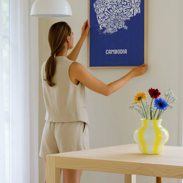 Typographic Illustration of Cambodia (White on Blue). Hand-drawn and printed on high-quality paper