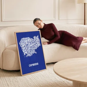 Typographic Illustration of Cambodia (White on Blue). Hand-drawn and printed on high-quality paper