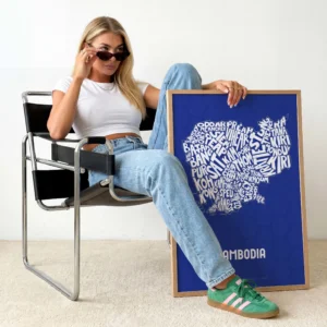 Typographic Illustration of Cambodia (White on Blue). Hand-drawn and printed on high-quality paper