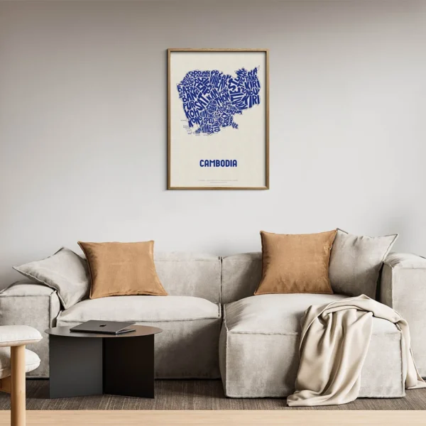 Typographic Illustration of Cambodia (Blue on White). Hand-drawn and printed on high-quality paper