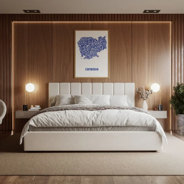 Typographic Illustration of Cambodia (Blue on White). Hand-drawn and printed on high-quality paper